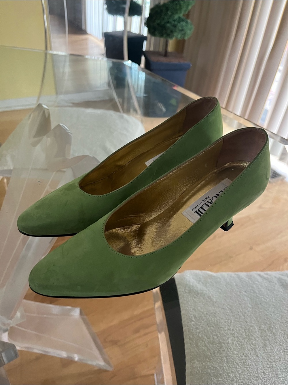 Green Suede Mid Heel Pumps